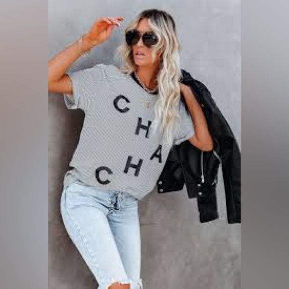 Ellandemm Tops - ⭐️ EllandEm Ell and Em Cha Cha Striped Black and White Graphic Tee MEDIUM